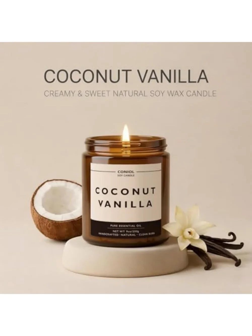 Coconut Vanilla Soy Wax Candle - 9oz Aromatherapy Jar, Long-Lasting & Non-Toxic